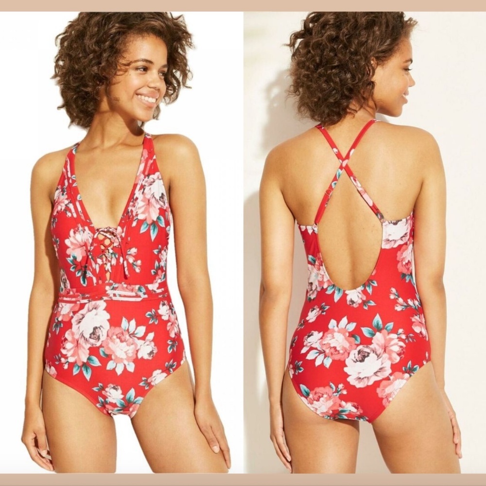 NEW $40 Merona Lace Up Floral One Piece‎ Swimsuit [ SZ XL ]